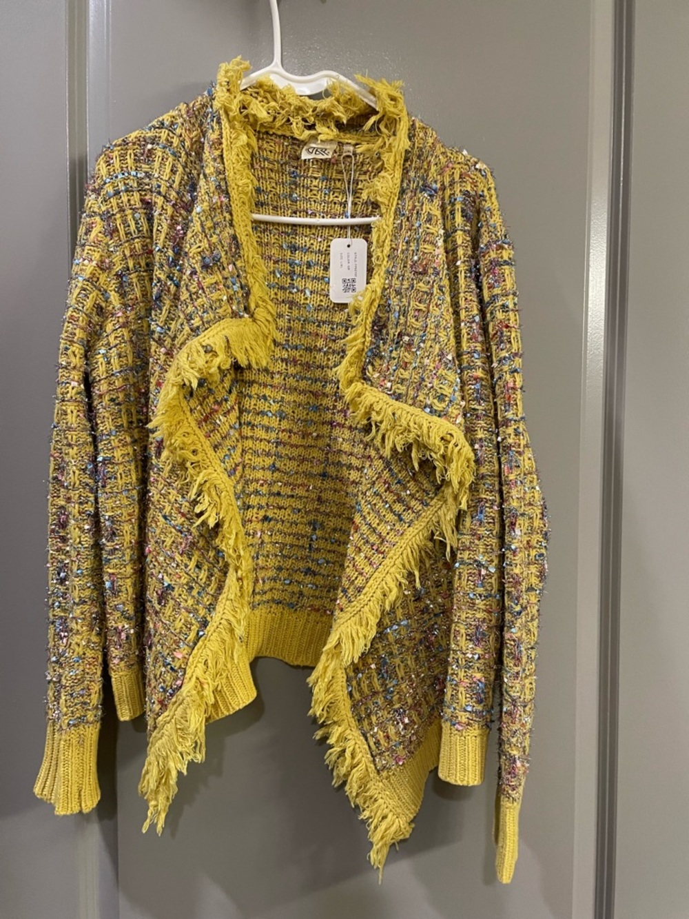 Yellow Fringe Open-Front Knit Cardigan